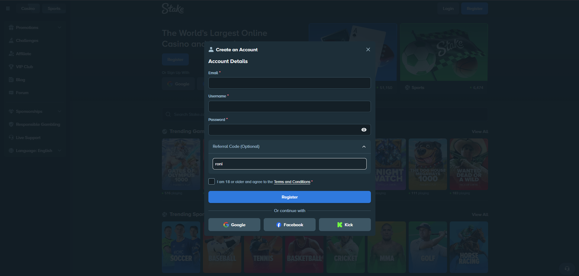 Stake registration form with code roni
